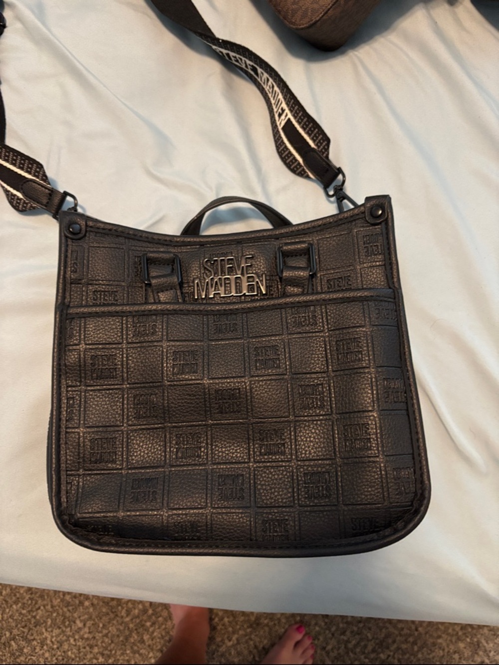 Steve Madden Black Embossed Logo Messenger Bag